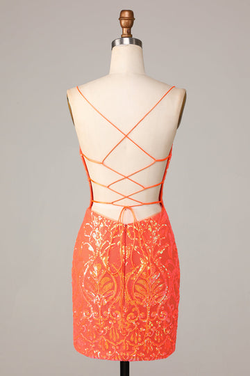 Sparkle 'til Dawn Bodycon Spaghetti Straps Orange Paljetter Kort Homecoming Klänning